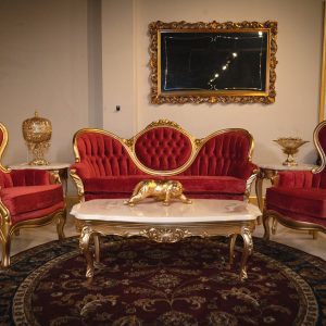 Lisette living room in gold and red velvet.